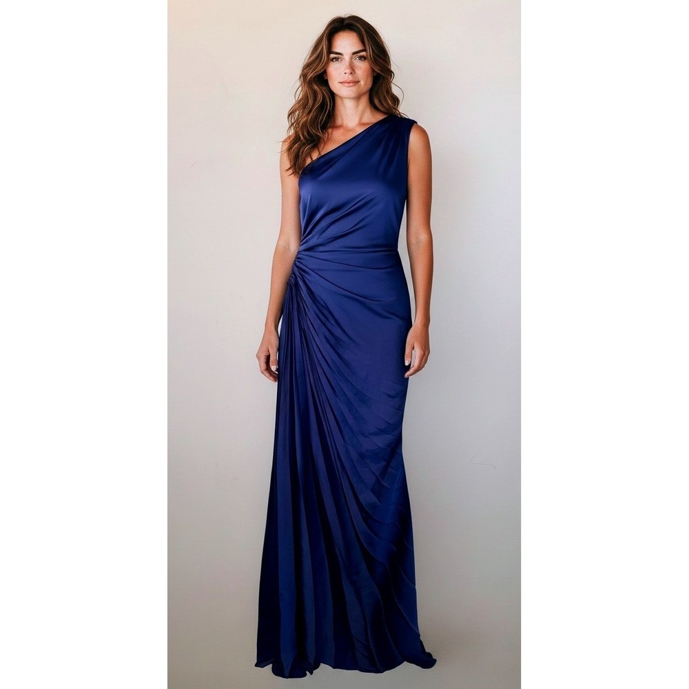 House of Harlow 1960 Womens Blue One Shoulder Ruched Satin Gown Maxi Dress Small